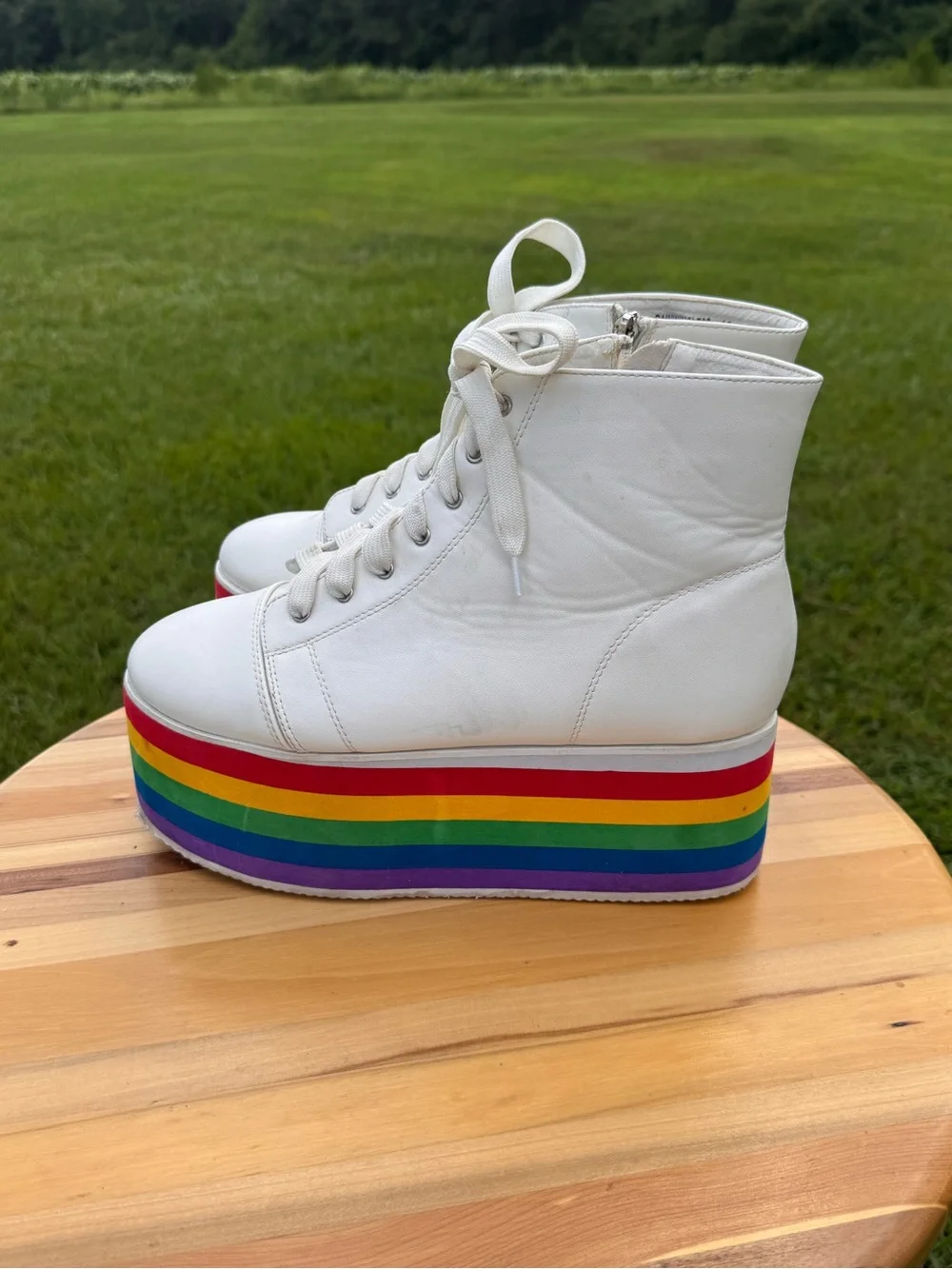 Ladies White Platform Ankle Boots with Rainbow Stripe